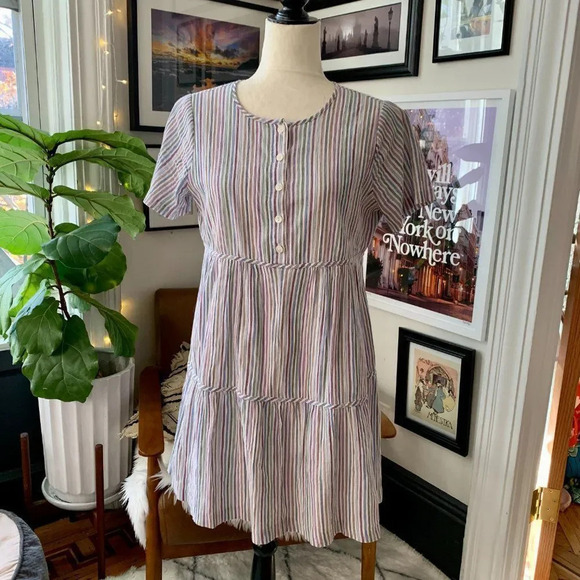 Striped Crewneck Button-Front Tiered Mini Dress - Picture 5 of 10